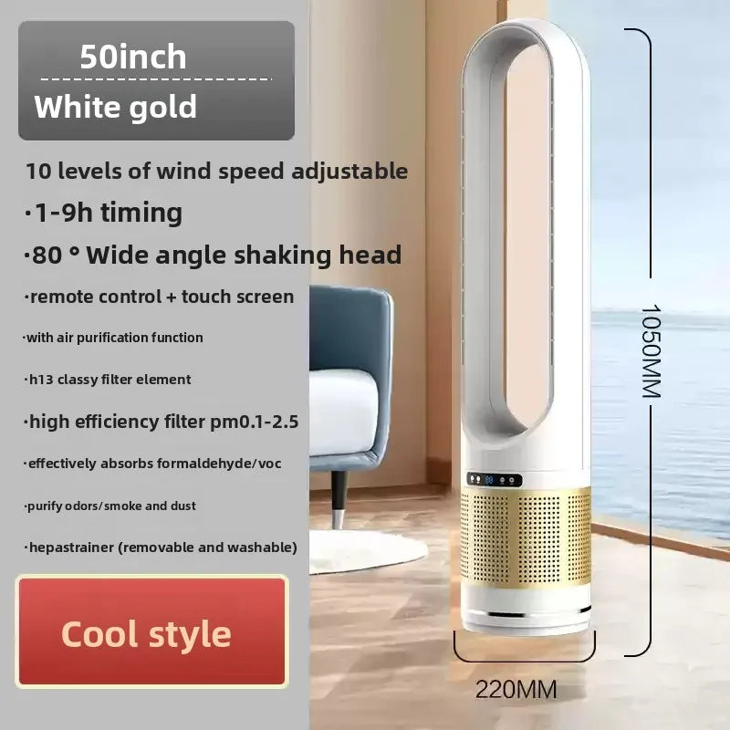 Tall white and gold air purifier with specifications on a gray background