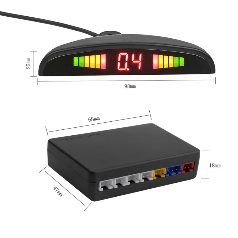 Car parking sensor with digital display and dimensions on a white background