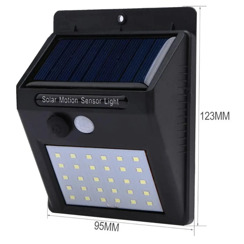 Solar motion sensor light with dimensions labeled on a white background