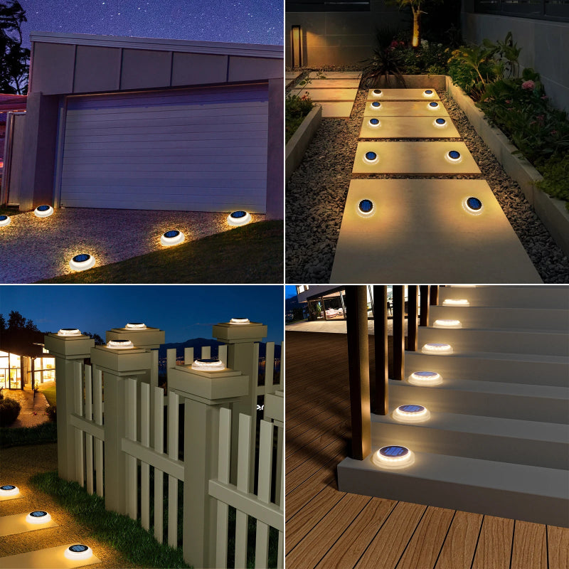 Collage of outdoor solar lights in various settings including a driveway, pathway, fence, and stairs.