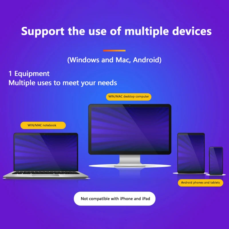 Advertisement for a device compatible with Windows, Mac, Android, and not with iPhone and iPad on a purple background.