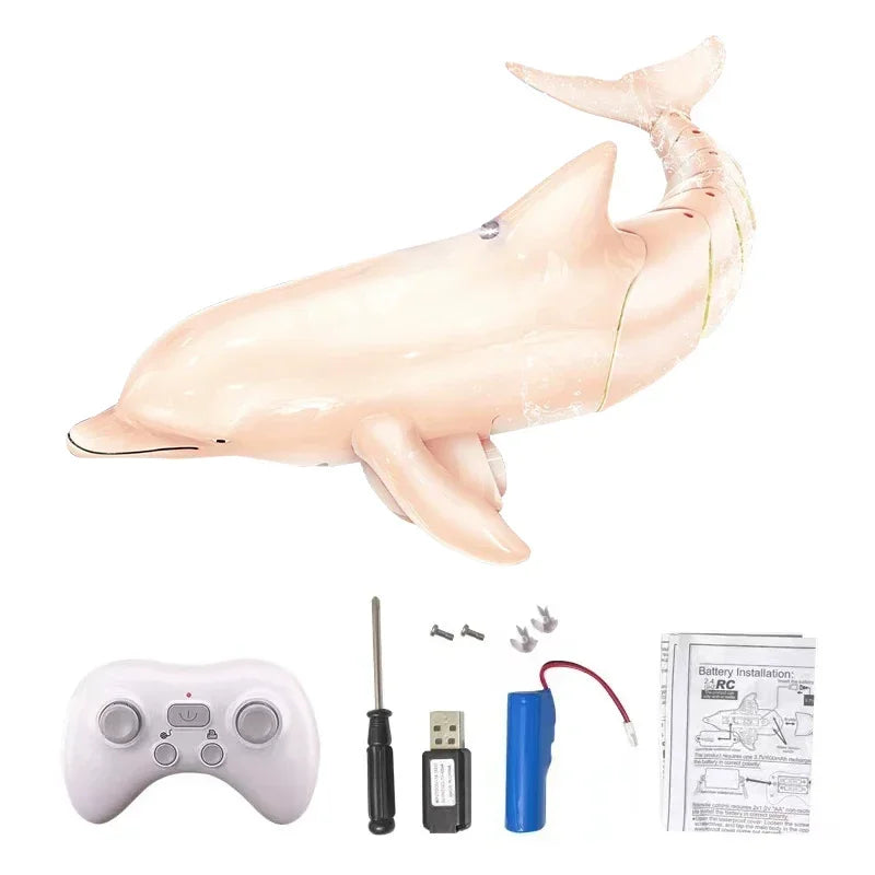 Remote-controlled dolphin toy with accessories on a white background
