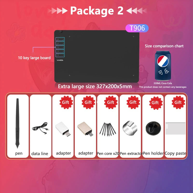 Product package with components and size comparison chart on a pink and purple gradient background