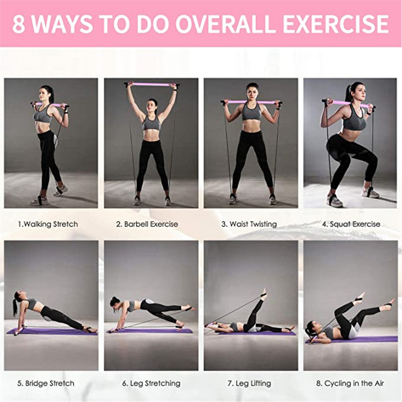Illustration of 8 ways to do overall exercise with a woman demonstrating each exercise.