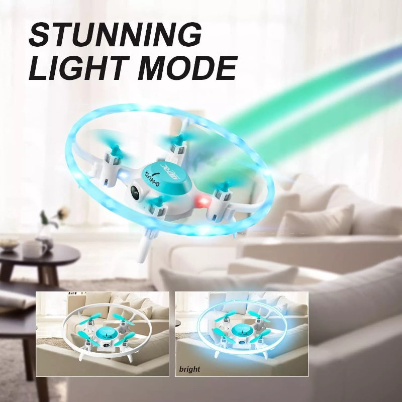 Small drone with glowing light effects in a living room setting, emphasizing its stunning light mode.