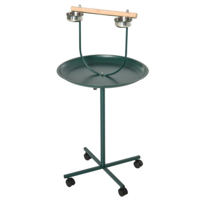 Green metal animal feeding station with two metal bowls on a white background