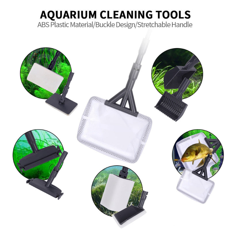 Aquarium cleaning tools with various components on a white background