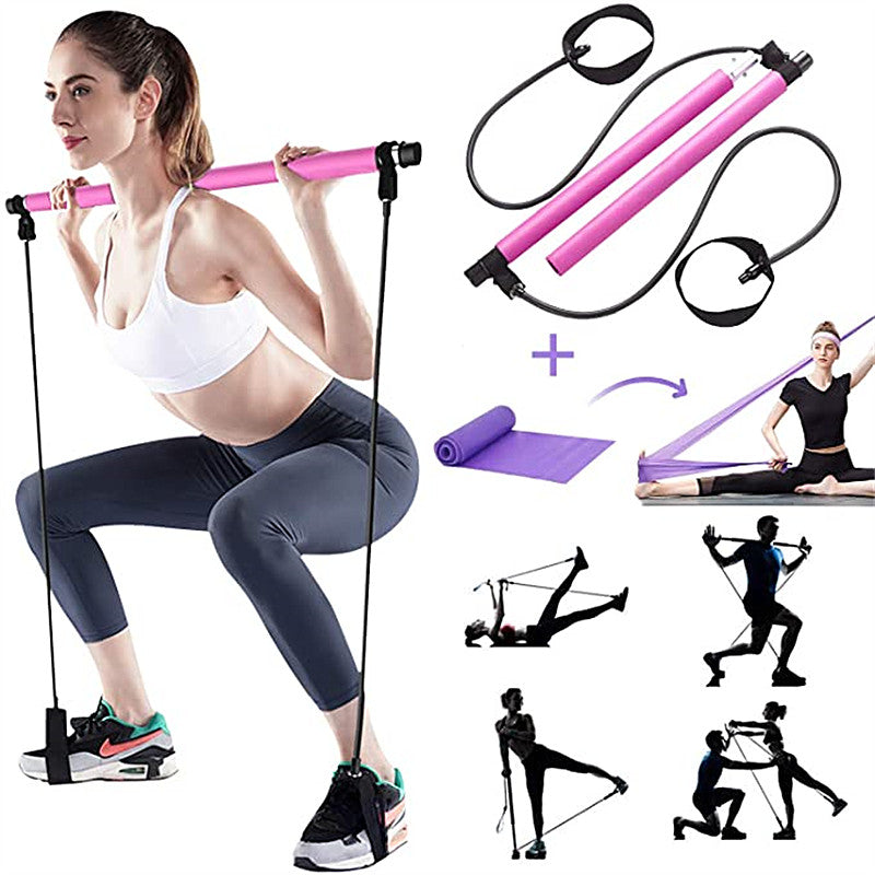 Woman exercising with a Pilates bar and resistance bands, with additional images of the equipment and exercises.