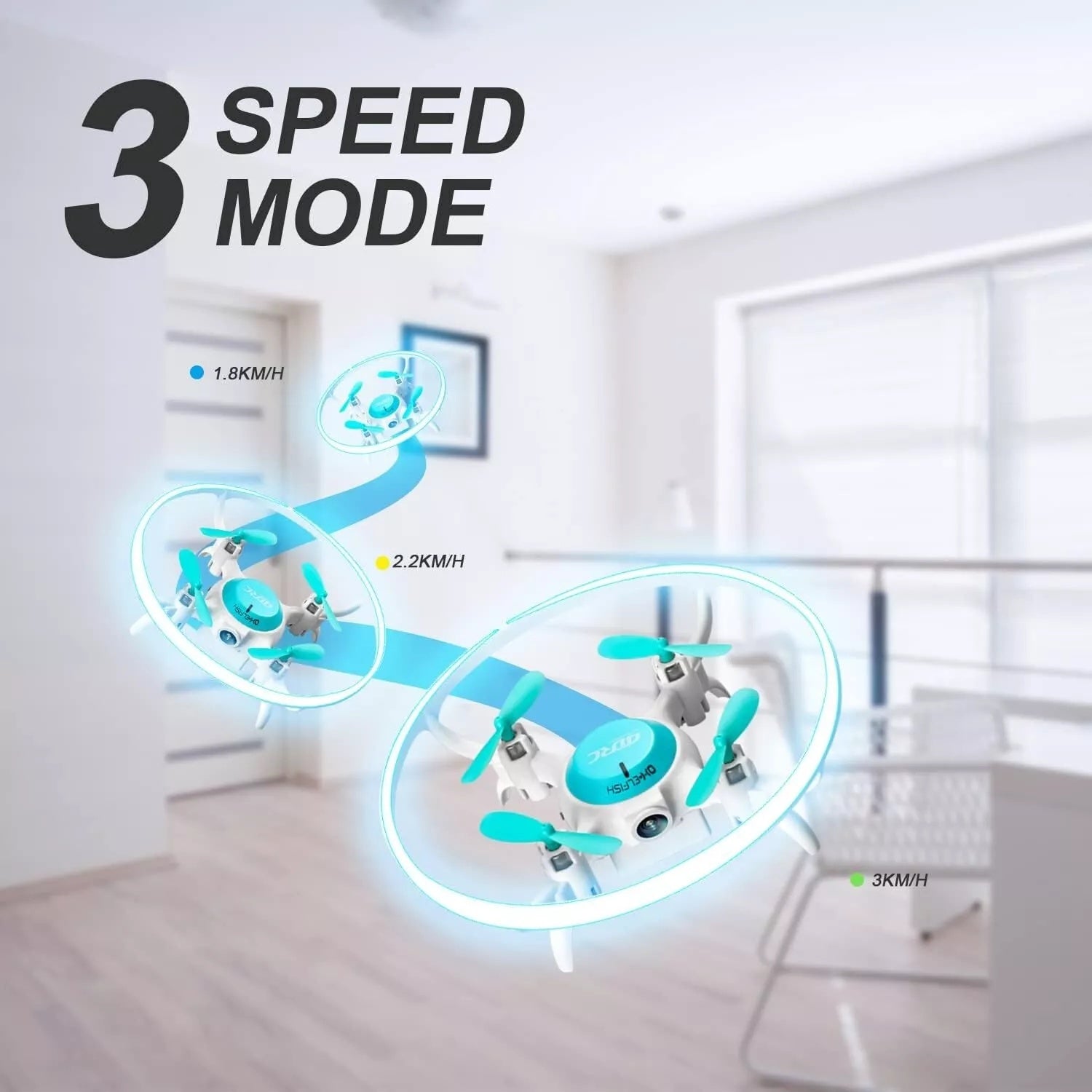 Drone with speed mode indicators in a room setting