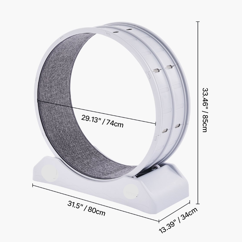 Pet exercise wheel with dimensions and specifications on a white background