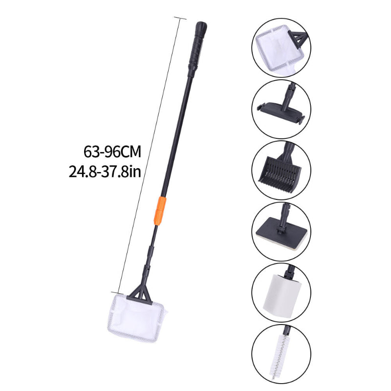 Extendable cleaning brush with interchangeable heads on a white background