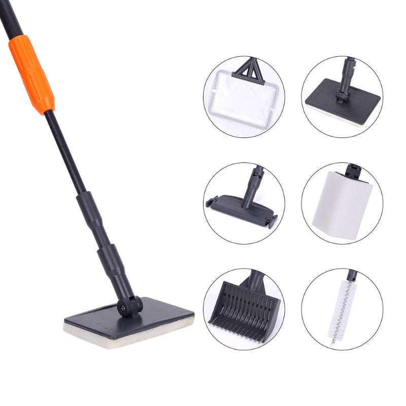 Multifunctional cleaning tool with various attachments on a white background