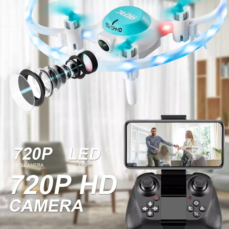 Drone with LED lights and a smartphone displaying a video call, set against a blurred indoor background.