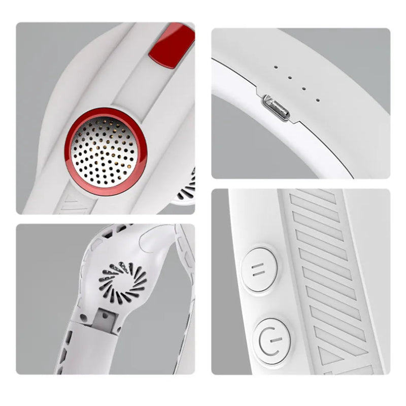 Four-panel close-up collage of a white wearable earbud-style device with red accents, showing the speaker grille, charging port, vented back, and control buttons on a light gray background.