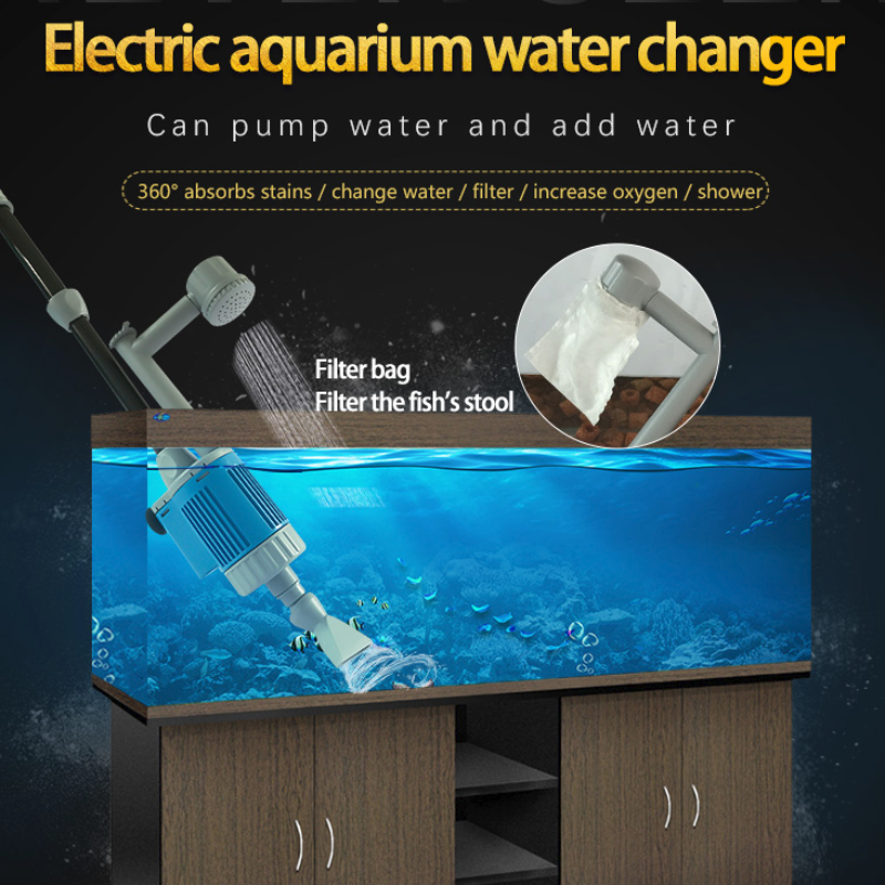 Electric aquarium water changer with features highlighted on a dark background