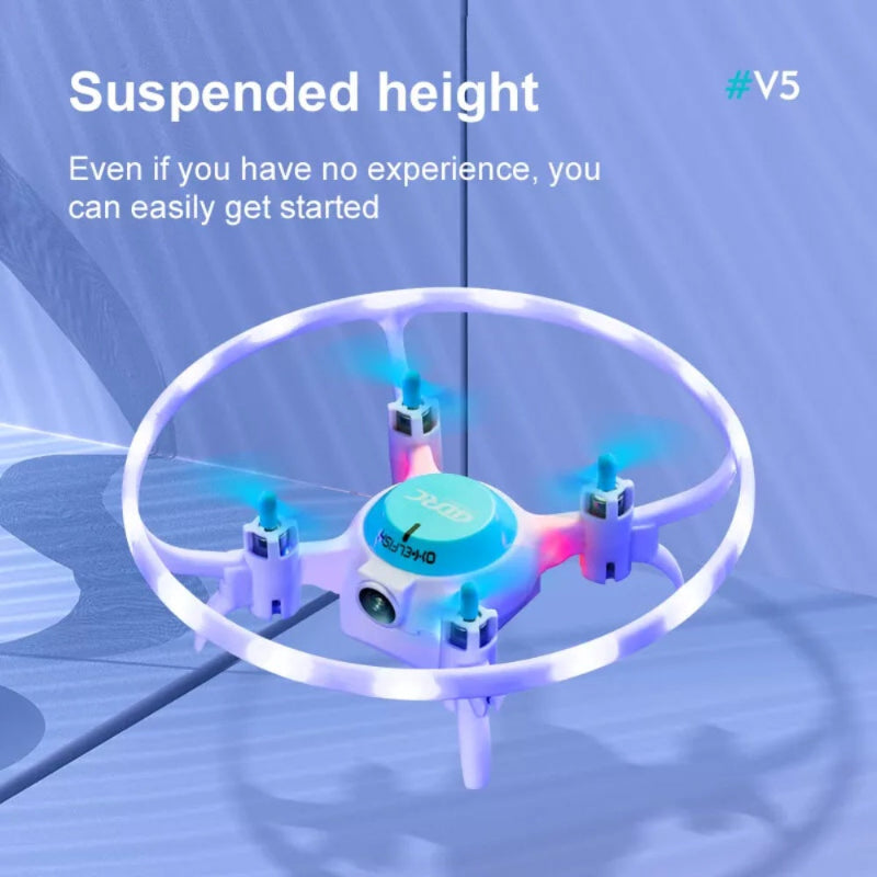 Small drone with colorful lights on a blue background