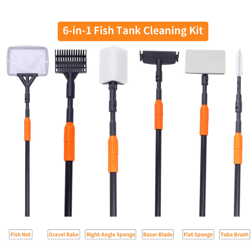 6-in-1 Fish Tank Cleaning Kit with various tools on a white background
