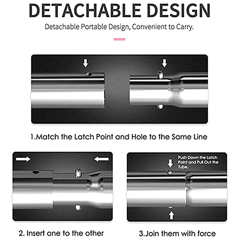 Instructions for using a detachable design with metal components on a white background.