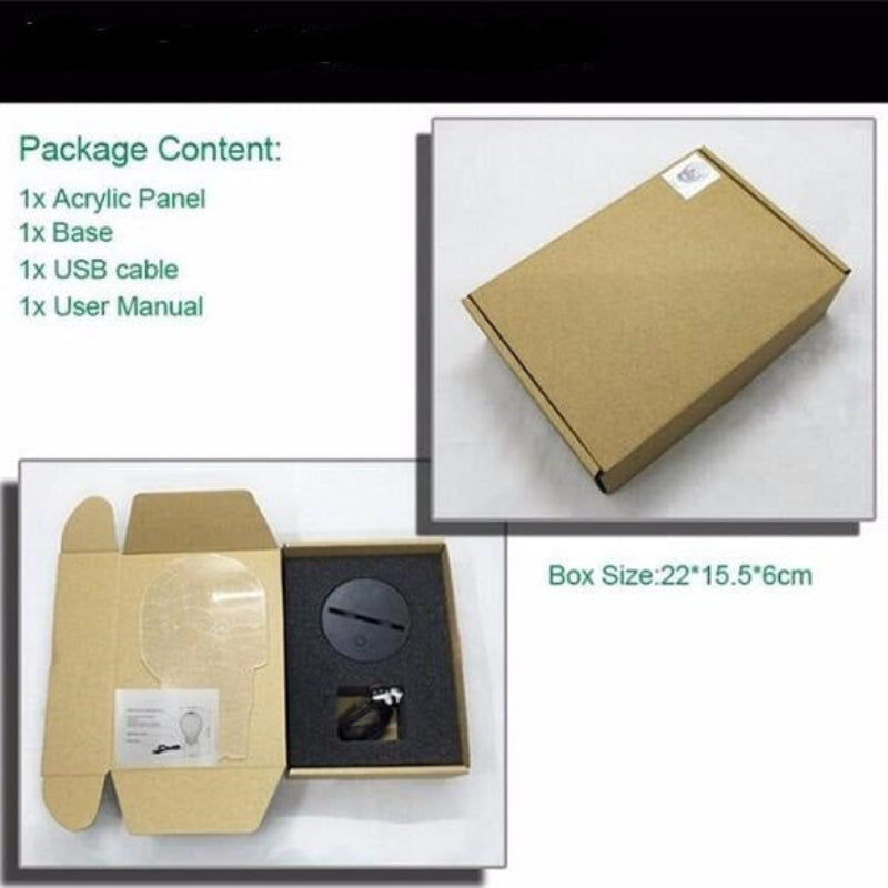 Product packaging and contents shown on a white background, including a brown cardboard box, an open box with a black foam insert, a clear round acrylic panel, a small USB cable, and a user manual. Text lists package contents and gives the box size 22*15.