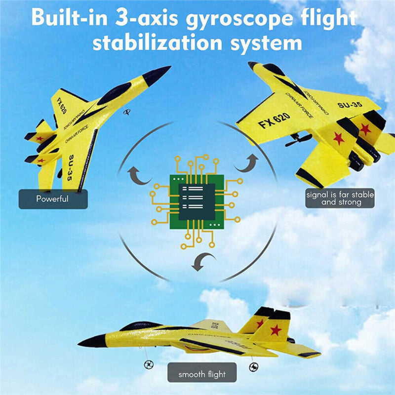 Yellow toy airplane with text about a built-in 3-axis gyroscope flight stabilization system against a blue sky background.