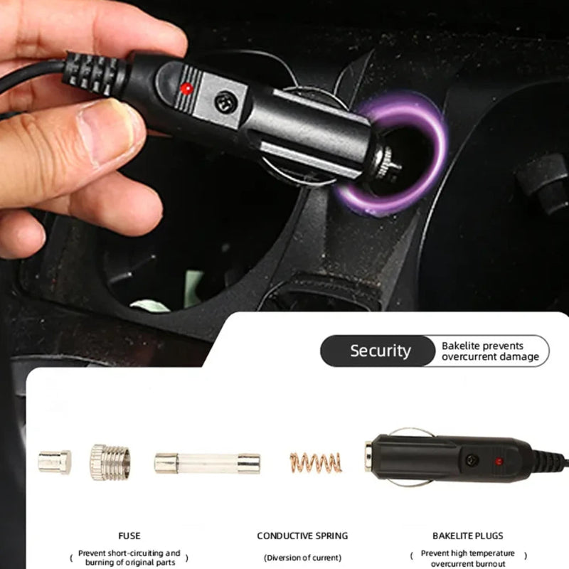 Car charger being plugged into a vehicle's cigarette lighter socket with close-up details of components.