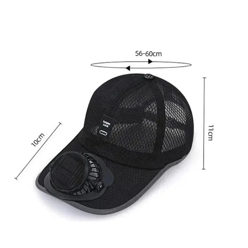 Black cap with mesh design and measurement details on a white background