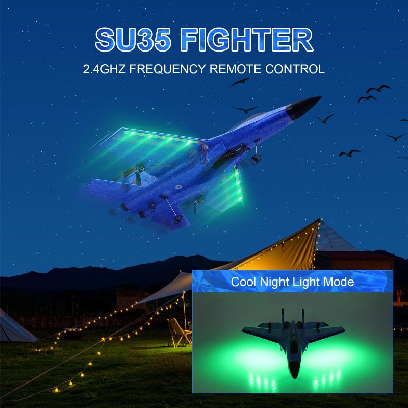 Model of a SU35 fighter jet with remote control features, glowing in the dark.
