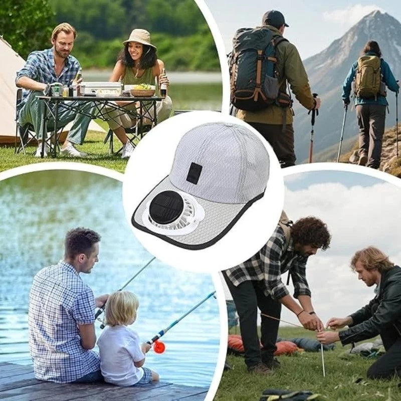 A collage showing a light gray mesh baseball cap with a circular black and white device attached to the brim, surrounded by lifestyle photos of people camping, hiking, fishing, and camping outdoors.
