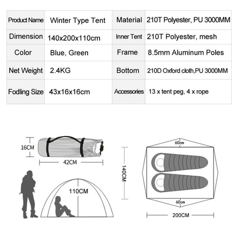 Separated Double Layer Winter Tourist Tent 2-3 Person 4 Season Rainproof Outdoor Family Camping Tent with Aluminum Pole