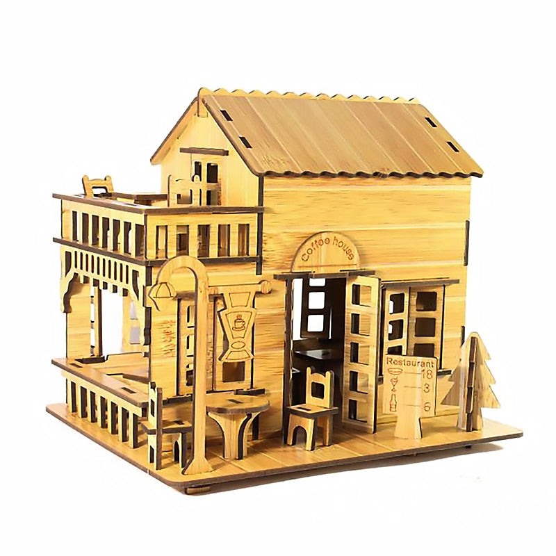 3D Wooden Puzzle Coffee House Model Kit Laser Cutting Assembling House Kids Toy Wooden Kit Handmade Mechanical for Kids