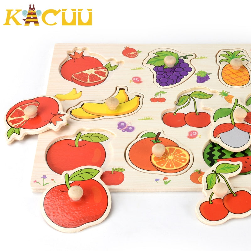 Montessori Wooden Puzzles Hand Grab Boards Toys Tangram Jigsaw Baby Educational Toys Cartoon Vehicle Animals Fruits 3D Puzzles