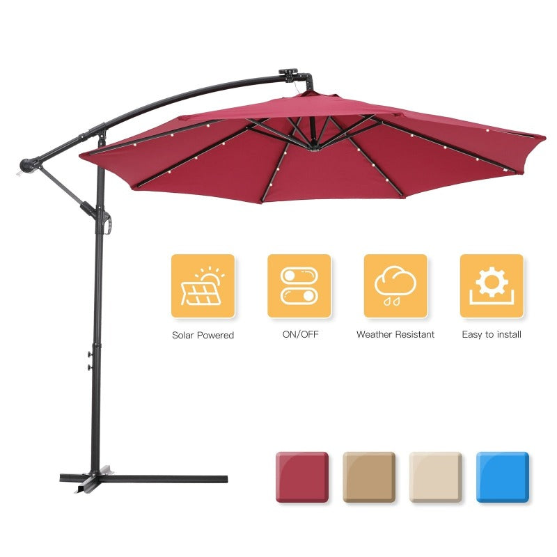  Solar LED Patio Outdoor Umbrella Hanging Cantilever Umbrella Offset Umbrella Easy Open Adustment with 24 LED Lights