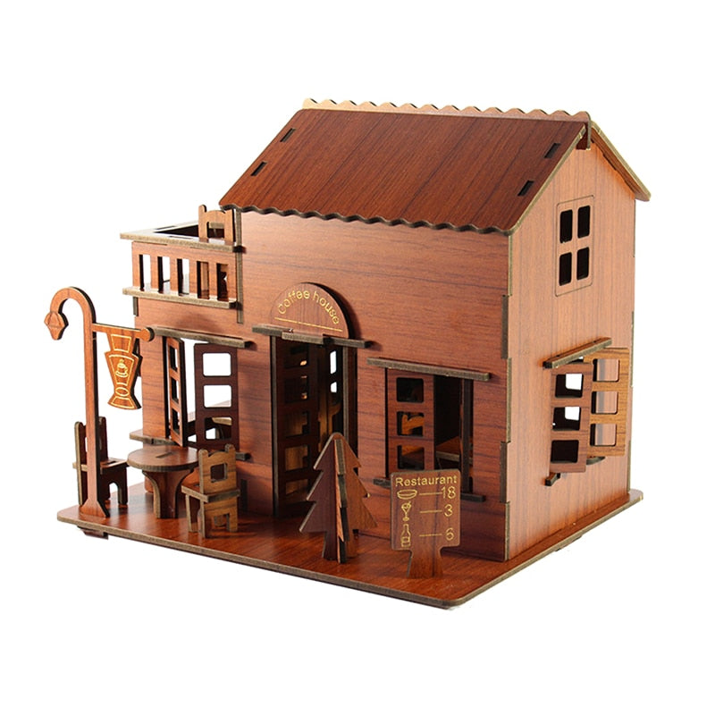 3D Wooden Puzzle Coffee House Model Kit Laser Cutting Assembling House Kids Toy Wooden Kit Handmade Mechanical for Kids
