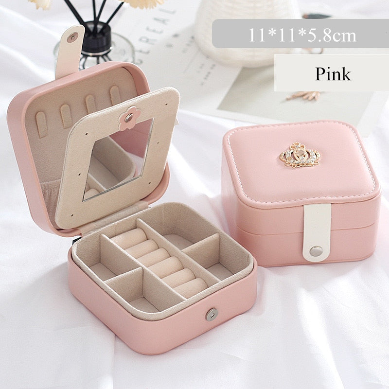 Portable Jewelry Organizer Display Holder Travel PU Leather With Mirror Jewelry Storage Case Simple Earrings Ring Storage Box