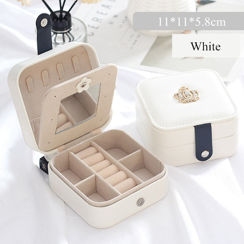 Portable Jewelry Organizer Display Holder Travel PU Leather With Mirror Jewelry Storage Case Simple Earrings Ring Storage Box