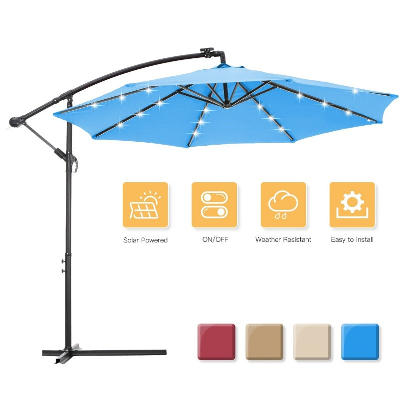  Solar LED Patio Outdoor Umbrella Hanging Cantilever Umbrella Offset Umbrella Easy Open Adustment with 24 LED Lights