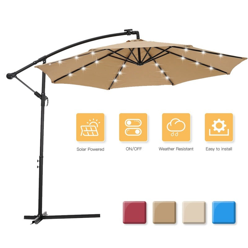  Solar LED Patio Outdoor Umbrella Hanging Cantilever Umbrella Offset Umbrella Easy Open Adustment with 24 LED Lights