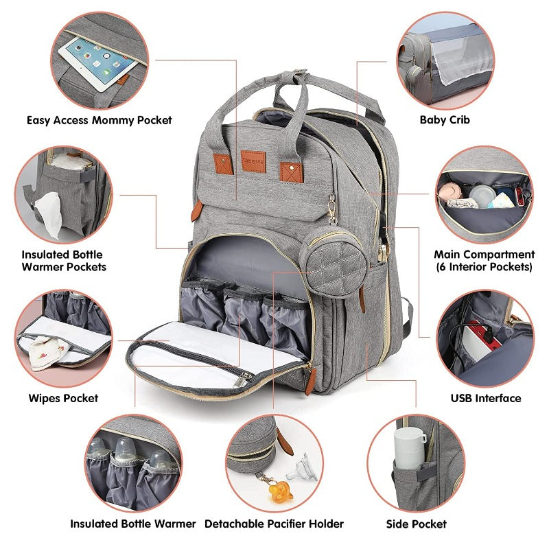 Diaper Bag Backpack Foldable Baby Bed Waterproof Travel Bag with USB Charge Diaper Bag Backpack with Changing Bed 3 types