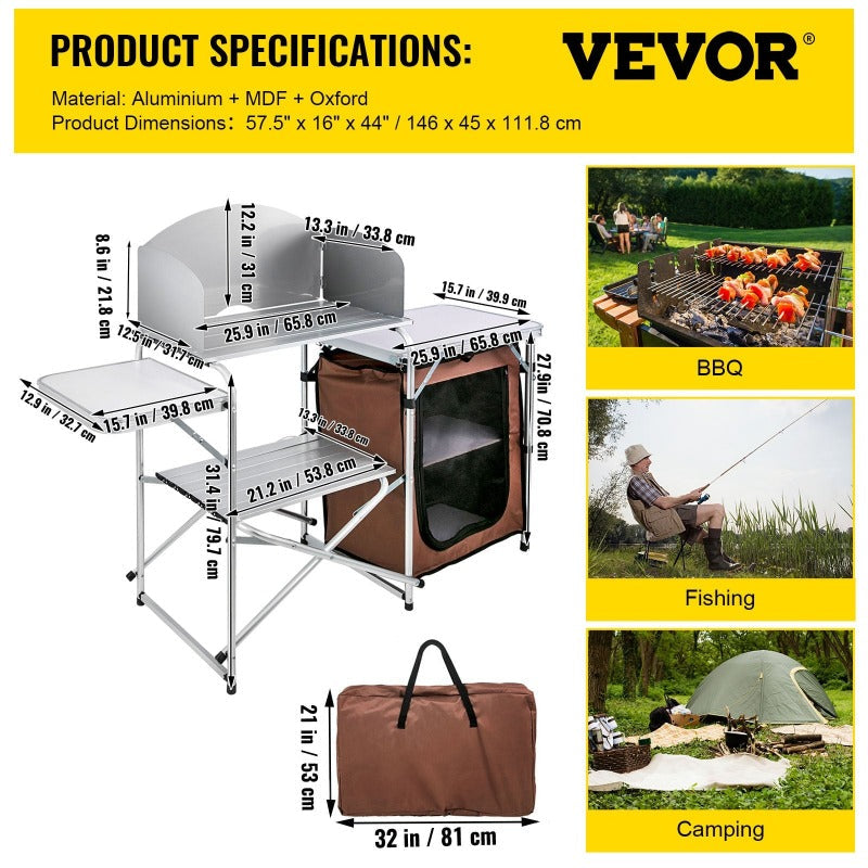 VEVOR Camping Outdoor Kitchen Table Cabinet Foldable Folding Cooking Storage Rack X-Shaped Aluminum Alloy Bracket for BBQ Picnic