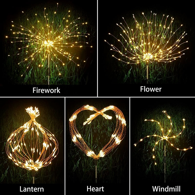 LED Solar Fireworks Lights Waterproof Outdoor Dandelion DIY Shape Lamp Flash String Fairy Lights for Garden Landscape Lawn Decor