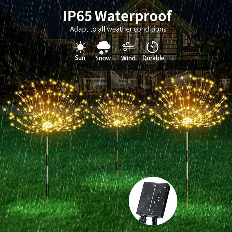 LED Solar Fireworks Lights Waterproof Outdoor Dandelion DIY Shape Lamp Flash String Fairy Lights for Garden Landscape Lawn Decor