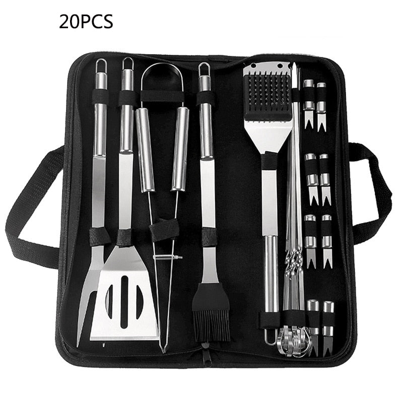 BBQ Tools Stainless Steel Set Spatula Fork Tongs Knife Brush Skewers Barbecue Grilling Utensil Camping Outdoor Cooking Tool Set