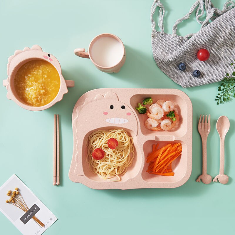 Baby Dinosaur Tableware 6PCS Kids Dinner Plate Natural Bamboo Fiber Bowl With Cup Spoon Plate Fork Drop-resistant Feeding Dishes