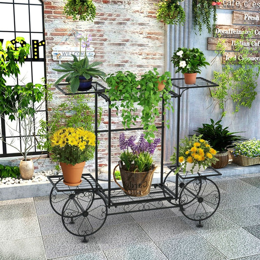 Garden Cart Stand & Flower Pot Plant Holder Display Rack, Perfect For Home Black