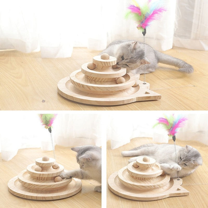 Wooden 2/3 Levels Pet cat Toy Tower Tracks Disc cat Intelligence Amusement Triple Play Disc Cat toys ball Training Toys