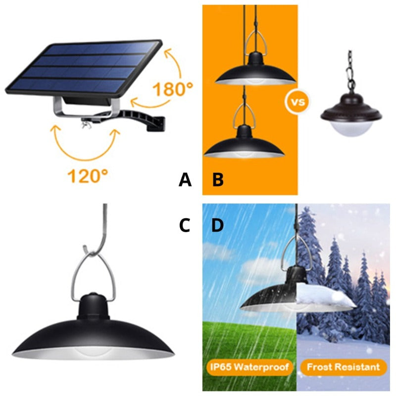 Solar double head pendant lamp for indoor and outdoor, warm white/white lighting for camping, garden and patio