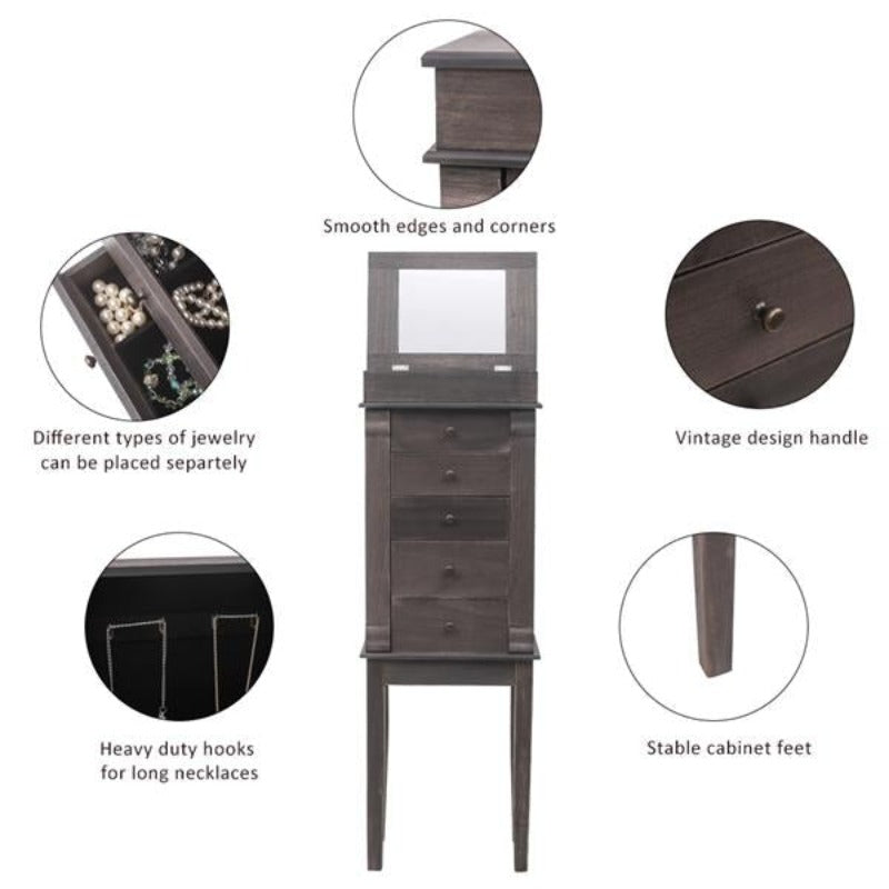 Standing Jewelry Armoire with Mirror 5 Drawers & 8 Necklace Hooks Jewelry Cabinet Chest with Top Storage Organizer