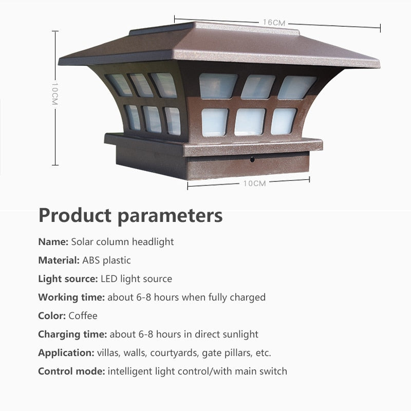 Waterproof Outdoor Solar Fence Light Pillar Post Cap Solar Panel Lamp Auto Switch Sensing Street Lawn Light for Yard Garden Door